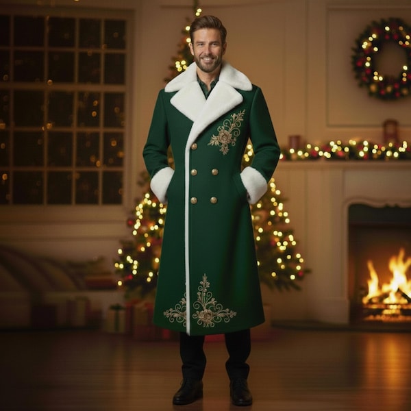 Mens Green Vintage Christmas Long Coat, Santa Claus Christmas Trench Coat, Christmas Victorian Trench Coat, Christmas Costume Coat