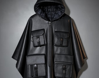 Gotycki czarny płaszcz Leahher Techwear Utitlity Poncho, renesansowa taktyczna peleryna z kieszeniami, kurtka z kapturem Steampunk Techwear, płaszcz Cyberpunk