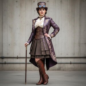Peut inclure: Une tenue d'inspiration steampunk comprenant un long manteau violet foncé avec des broderies dorées, un corset marron et une jupe à plusieurs niveaux. L'ensemble comprend un chapeau haut de forme assorti avec des lunettes et des bottes marron. Une canne complète le look.