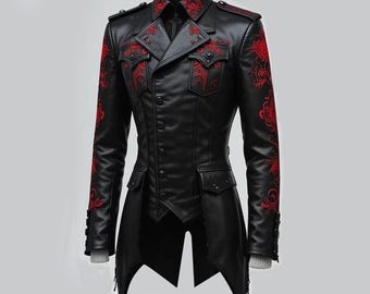 Steampunk Gothic Dragon Leather Jacket | Black & Red Embroidered Festival Coat | Alternative Punk Rock Fashion | Unisex Cosplay Outfit