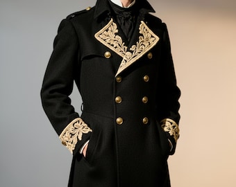 Men's Gothic Victorian Wool Trench Coat, Handmade Embroidered Black Long Coat, Steampunk Goth Overcoat, Winter Cosplay Outfit