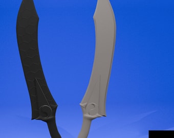 May include: Two decorative swords with a curved blade and a yin yang symbol at the base of the blade. One sword is black with a textured surface and the other is gray.