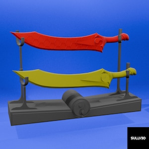 May include: A gray stand with a yin yang symbol on the front holds two swords. The top sword is red with a honeycomb pattern and the bottom sword is yellow.