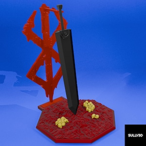 Puede incluir: Una espada negra con un símbolo rojo y negro en la base. La base está cubierta de pequeñas calaveras doradas.