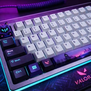 Puede incluir: Teclado mecánico con teclas blancas y diseño personalizado. El teclado presenta una combinación de colores negro y morado, con una alfombrilla de ratón con temática de Valorant. El teclado tiene una tecla personalizada con forma de gato.