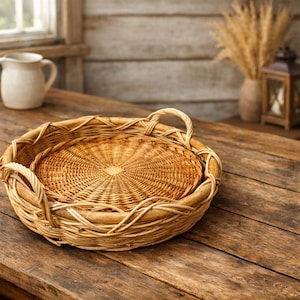 True Vintage| 2-Piece Nesting|Handwoven Willow Basket Set |19" Deep Scalloped Bowl & 16" Tray| Statement Piece|Wall Art