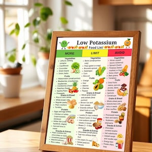 Könnte beinhalten: Eine gerahmte Lehrtafel mit dem Titel Low Potassium Food List, unterteilt in drei farbcodierte Spalten mit den Bezeichnungen More, Limit und Avoid. Die Tafel enthält Illustrationen verschiedener Gemüsesorten, Früchte, Getreide, Proteine und Snacks mit Text.