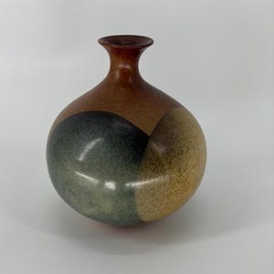Vintage Mid Century Modern Moon Vase by Robert Maxwell Pottery Craft USA | 1960s Pot | Tri-Color Rutile Glaze Brown Blue Earth Tones |
