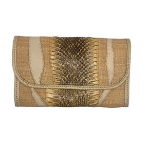 Clutch envelope vintage americana CARLOS FALCHI em vime com estampa de pele de cobra amarela e creme