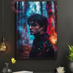 May include: A framed digital print featuring a portrait of a man with glasses, holding a wand, with a forest background. The print has a dark color palette with red and blue accents. Text in a circle reads "Digital print by theguide101".