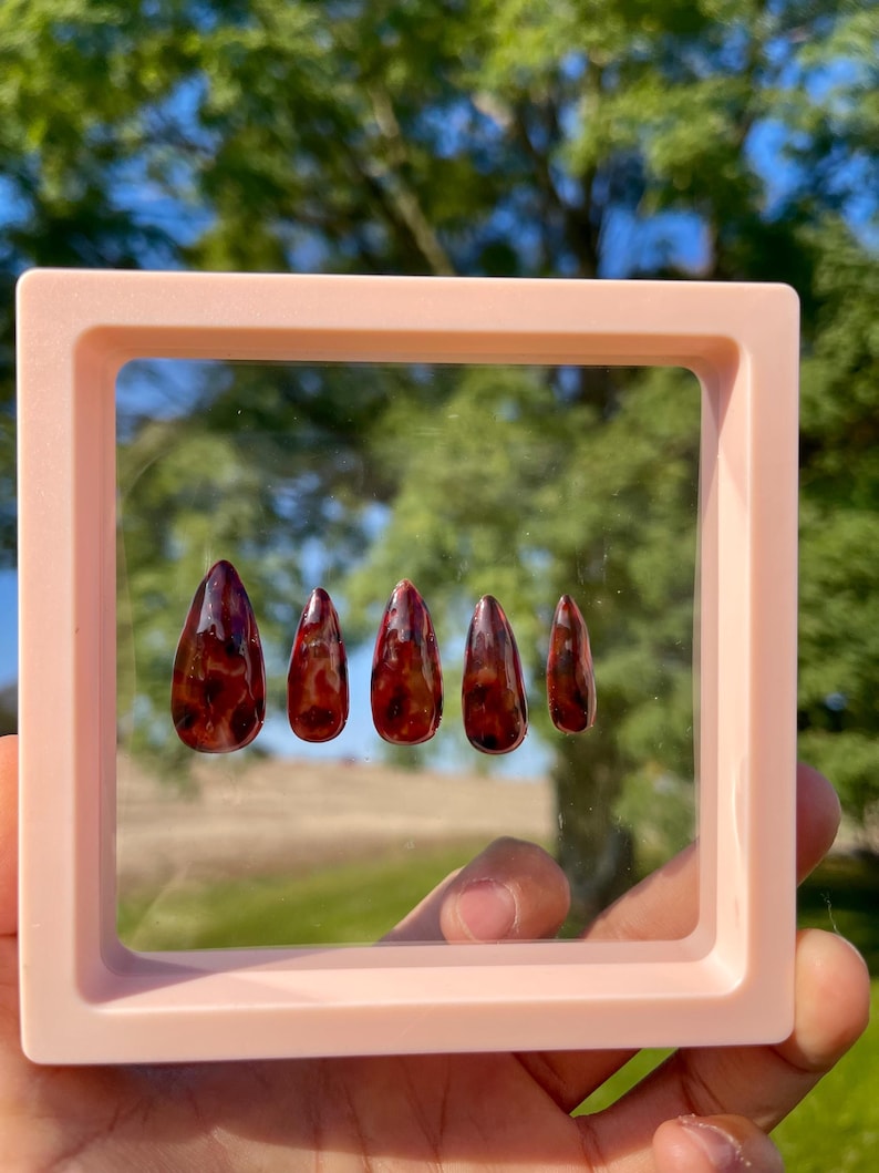 May include: A set of five artificial nails with a tortoiseshell design, displayed in a light pink square frame. The nails are almond-shaped with a glossy finish, showcasing a blend of brown and amber hues. The frame is held against a blurred green background.