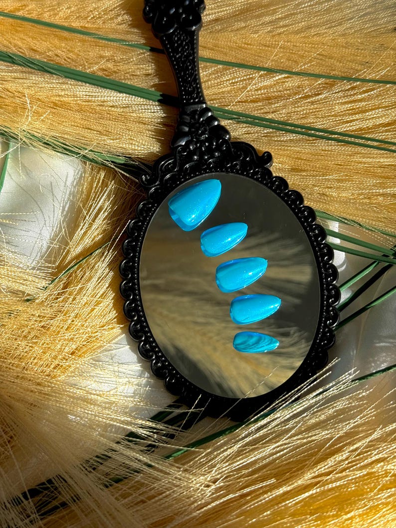 May include: A black, ornate hand mirror reflects five bright blue, oval-shaped artificial nails. The mirror has a decorative, scalloped edge. The background features dried, yellow-toned grasses.