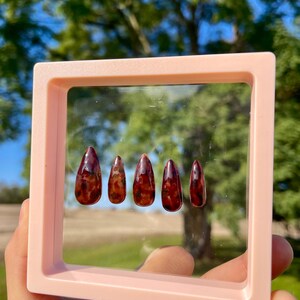 May include: A set of five artificial nails with a glossy, dark red and brown tortoiseshell design. The nails are displayed inside a light pink square frame, held by a hand. The background is a blurred view of green trees and a blue sky.