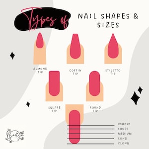 May include: An illustration showcasing various nail shapes and sizes. The image displays almond, coffin, stiletto, square, and round tip nail designs, each painted in a vibrant pink. Below, nail lengths are labeled: Xshort, short, medium, long, and Xlong.