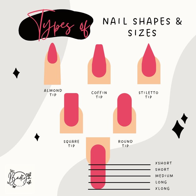 May include: An illustration showcasing various nail shapes and sizes. The image displays almond, coffin, stiletto, square, and round tip nail designs, each painted in a vibrant pink. Below, nail lengths are labeled: Xshort, Short, Medium, Long, and Xlong.