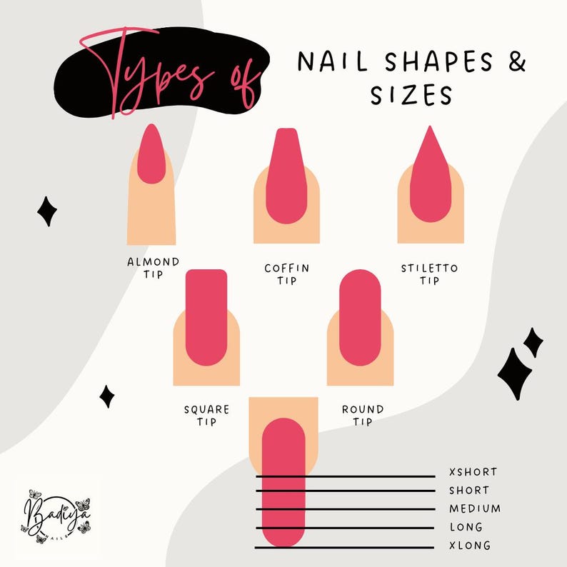 May include: An illustrated guide to nail shapes and sizes. The image features almond, coffin, stiletto, square, and round tip nail designs, all in a bright pink. Nail lengths are indicated as Xshort, short, medium, long, and Xlong.