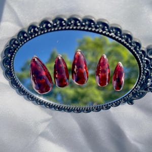 May include: Five almond-shaped, glossy, red and brown patterned artificial nails are displayed on a decorative, oval-shaped mirror with a black frame. The mirror reflects a blue sky and green foliage.