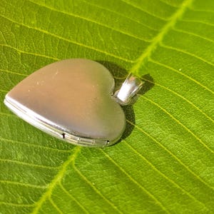 May include: A silver heart-shaped locket with a small loop for a chain, resting on a vibrant green leaf. The locket is closed, showing a smooth, reflective surface. The leaf's texture and veins are clearly visible.