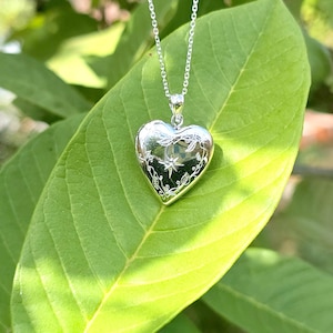 May include: A silver heart-shaped locket pendant with a delicate floral and star design, suspended from a fine chain. The locket rests on a large green leaf, with a blurred background of foliage.