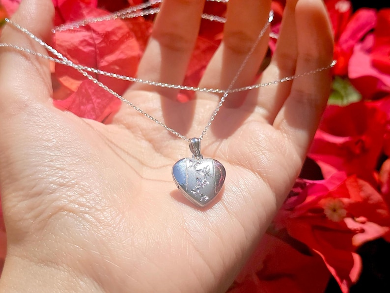 925 Sterling Silver 5/8inches Heart Locket Pendant with Butterfly Patterns image 12