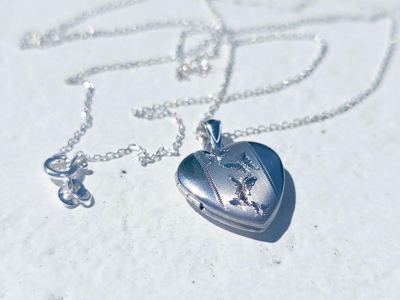 925 Sterling Silver 5/8inches Heart Locket Pendant with Butterfly Patterns image 1