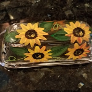 sunflower hand painted glass butter dish