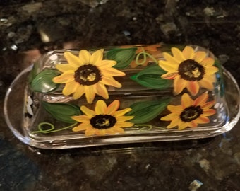 burriera in vetro dipinta a mano a forma di girasole