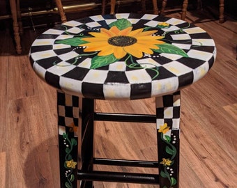 Sonnenblumen und karierte Design individuell bemalte Barhocker und Thekenhocker