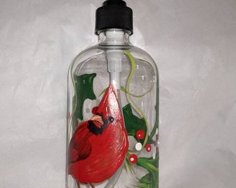 Hand-painted cardinal lotion or soap pump bottle dispenser