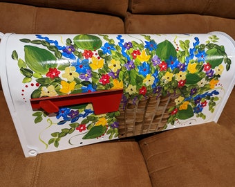 Whimsical basket of flowers hand painted mailbox