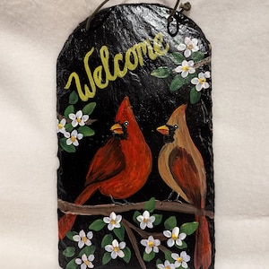 Pair of Cardinals hand painted welcome slate