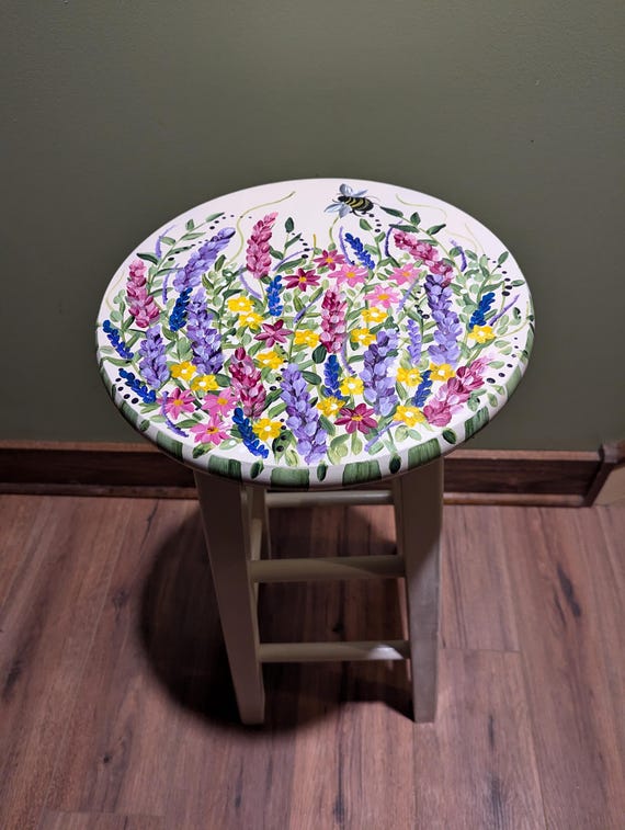 Wildflowers design hand painted Bar or counter Stool