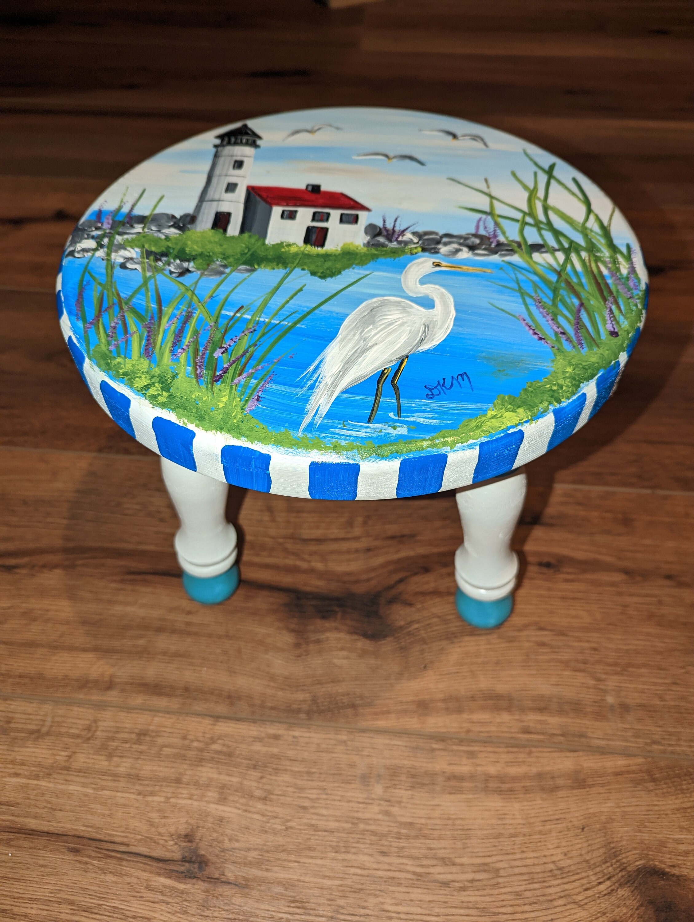 Lighthouse and egret painted small stool
