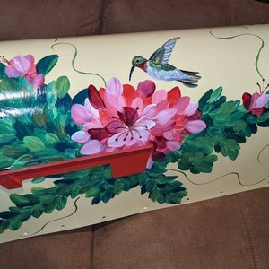 Hummingbirds with red flowers hand painted mailbox