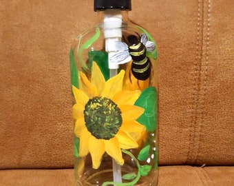 Hand-painted sunflower lotion/soap pump bottle dispenser