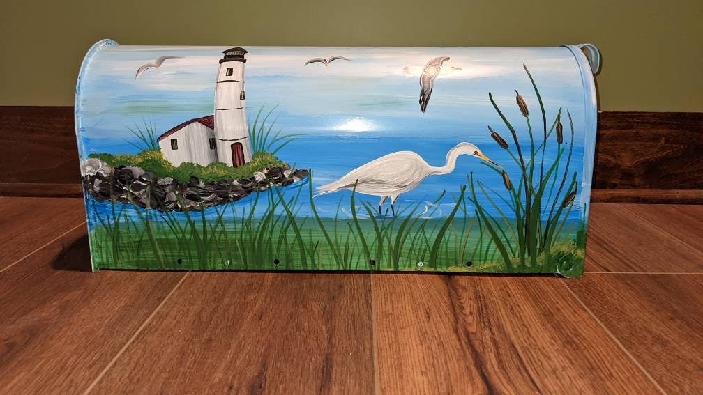 Seashore egret lighthouse beach theme mailbox
