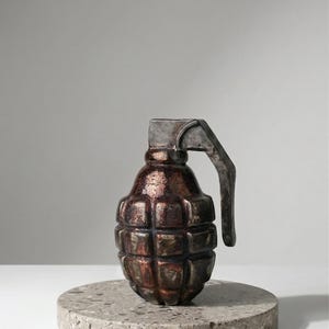 Handcrafted Raku Pottery Grenade Sculpture, Copper Oxide Glazed Ceramic Art, Unique Shelf Decor