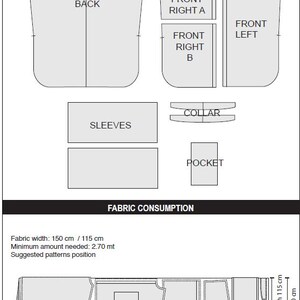May include: Diagram showing the fabric pieces and layout for a blouse sewing pattern. The pieces include the back, front right A, front right B, front left, collar, sleeves, and pocket. The fabric width is 150 cm or 115 cm. The minimum amount of fabric needed is 2.70 meters.