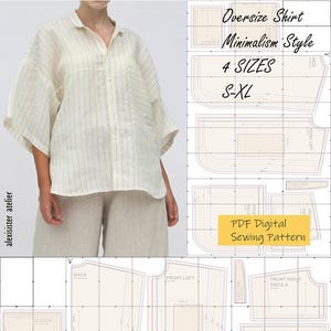 May include: A digital sewing pattern for an oversized shirt in a minimalist style. The pattern includes four sizes: S, M, L, and XL. The pattern is available in PDF format.