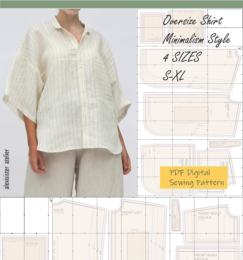 May include: A digital sewing pattern for an oversized shirt in a minimalist style. The pattern includes four sizes: S, M, L, and XL. The pattern is available in PDF format.