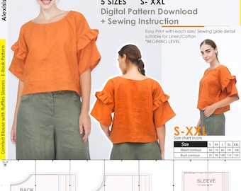 Chic blouse with ruffle sleeves Fun blouse top pattern download A4 Size pattern digital for sewing DIY, Easy sewing for beginner, Easy tutor