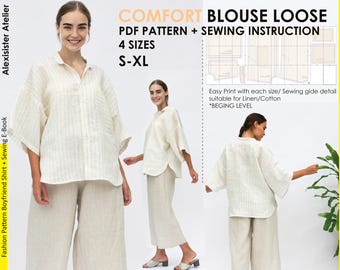Oversize Shirt Pattern, Unisex shirt sewing at home, Loose blouse pattern easy sew, DIY Pattern shirt A4, Large Size Shirt Pattern Easy
