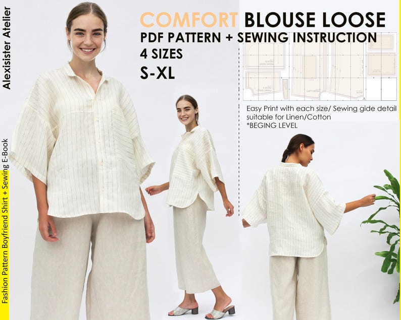 May include: A digital download pattern for a loose-fitting blouse with a striped design. The pattern includes instructions for sewing the blouse and is available in four sizes: S-XL. The pattern is suitable for linen or cotton fabric.