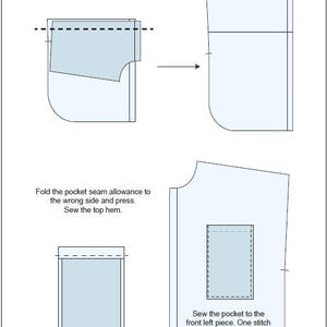 May include: A sewing guide for a blouse with instructions on how to sew a pocket. The guide shows how to sew the pocket piece to the front piece, fold the seam allowance, and press the top hem. The guide also includes instructions on how to sew the pocket to the front piece with one stitch line at 2 mm from the border and another at 8 mm from the border.