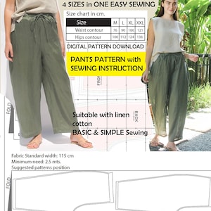 Loose pants pattern easy pants sewing at home, A4 download pattern elastic waist band DIY, Loose trousers pattern A4 print, Linen pants DIY