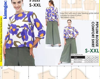 Easy blouse pattern sewing for beginner, Office shirt pattern A4 download, Loose blouse pattern full size, Easy pattern top, DIY Sewing easy