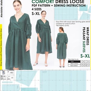 May include: A digital sewing pattern for a loose-fitting wrap dress with peasant sleeves. The pattern includes sewing instructions and is available in sizes S-XL. The dress is shown in a dark green color. The text on the image says "COMFORT DRESS LOOSE".