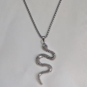 May include: A silver snake pendant necklace. The snake pendant features textured scales and a curved design. The necklace chain is silver and has a box chain style. The background is a plain white fabric.
