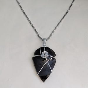 Raw Black Obsidian arrowhead wire wrapped pendant necklace