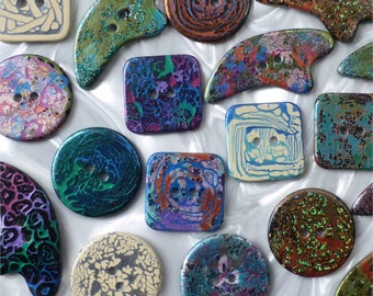 Handmade Resin Sewing Buttons - MY CHOICE of 6 different  very LARGE buttons - round, square and comet